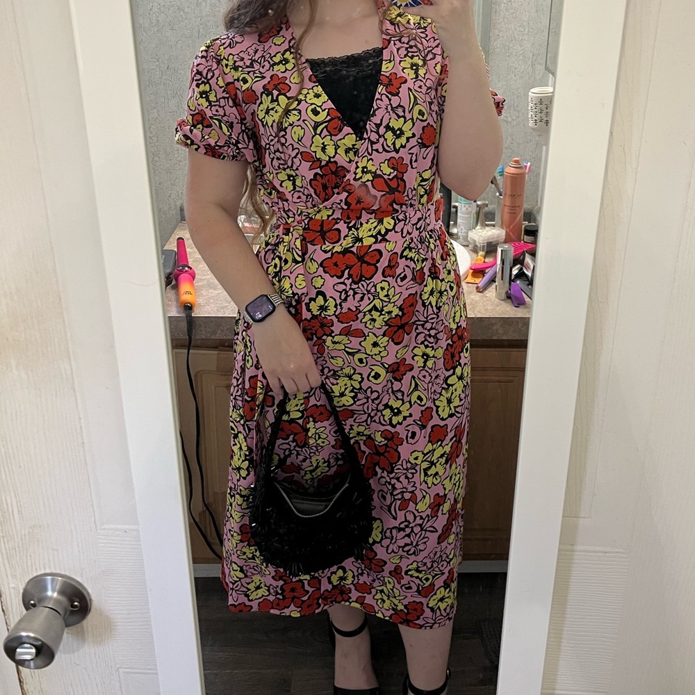 Vibrant Floral Midi Wrap Dress in Pink and Red